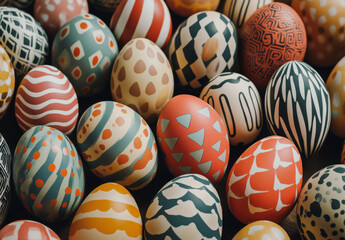 Fototapeta premium A vibrant assortment of intricately painted eggs with various patterns rests on a rustic wooden surface