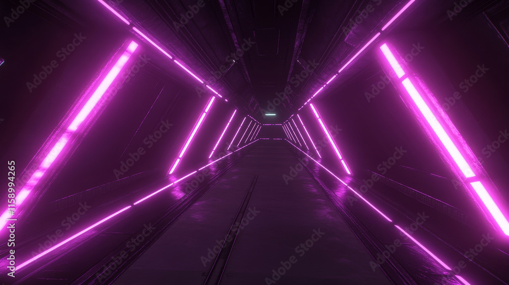 Poster neon light tunnel perspective. vector realistic illustration of dark hall with triangular shape geom