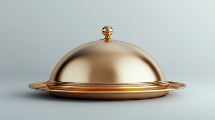 3d isolated luxury gold food tray. Dinner plate lid cover for dish in restaurant vector. Realistic closed metal platter dome for breakfast meal. Waiter service and serving equipment with hidden lunch.