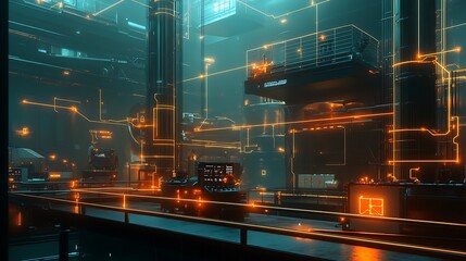 Factory environment with interconnected devices and glowing IoT network lines 