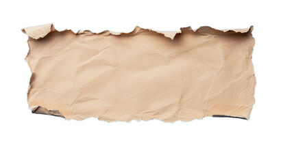 Crumpled and Torn Beige Paper Sheet with Jagged Edges on Transparent Background for Creative Design and Text Placement