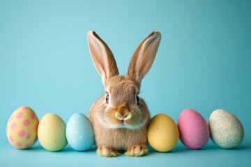 Fototapeta premium A fluffy rabbit is positioned in front of pastel-colored eggs, showcasing vibrant hues like pink and blue. This charming display highlights the joy of spring festivities and Easter traditions