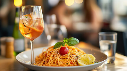 Enjoying a delicious plate of spaghetti with a refreshing beverage at a lively restaurant setting