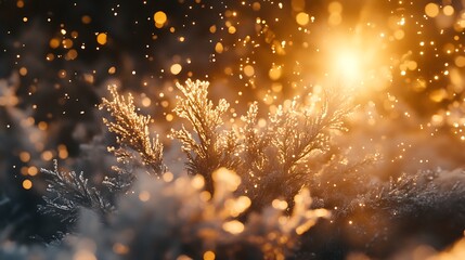 Obraz premium Frozen forest with frost-covered evergreens, golden light filtering through snowflakes gently falling during a sunset.