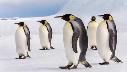 Fototapeta premium Emperor Penguins Marching Across the Vast Antarctic Ice in a Harsh Winter