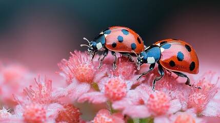 Fototapeta premium Two Ladybugs Resting on Pink Flowers