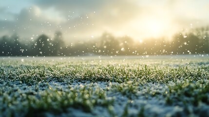 Green field with a light dusting of snow, illuminated by soft winter sunlight.