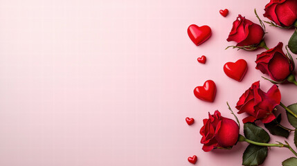 Valentine's chocolate & rose love heart. Red roses and hearts arranged on a soft pink background.