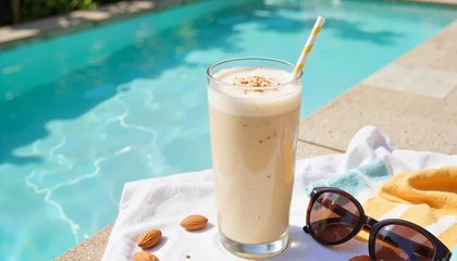 Fototapeten Chilled almond milk smoothie in a tall glass by the poolside with sunglasses and almonds © Larisa