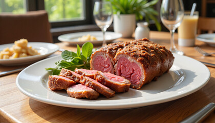 Juicy roast beef sliced and served on a white plate with fresh greens in a bright dining room
