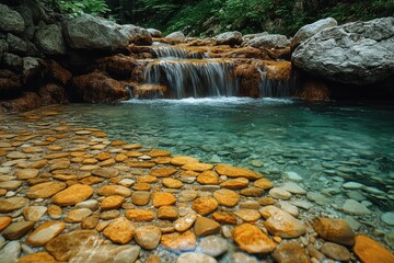 Crystal clear spring water flowing over smooth stones in a tranquil forest setting