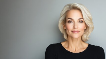 Obraz premium Studio portrait of a beautiful mature woman with gray hair smiling gently against a light blue background