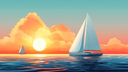 Fototapeta premium Serene Sunset over Tranquil Sea with Sailing Boats and Colorful Clouds in the Background, Capturing the Essence of Nature's Beauty and Peace