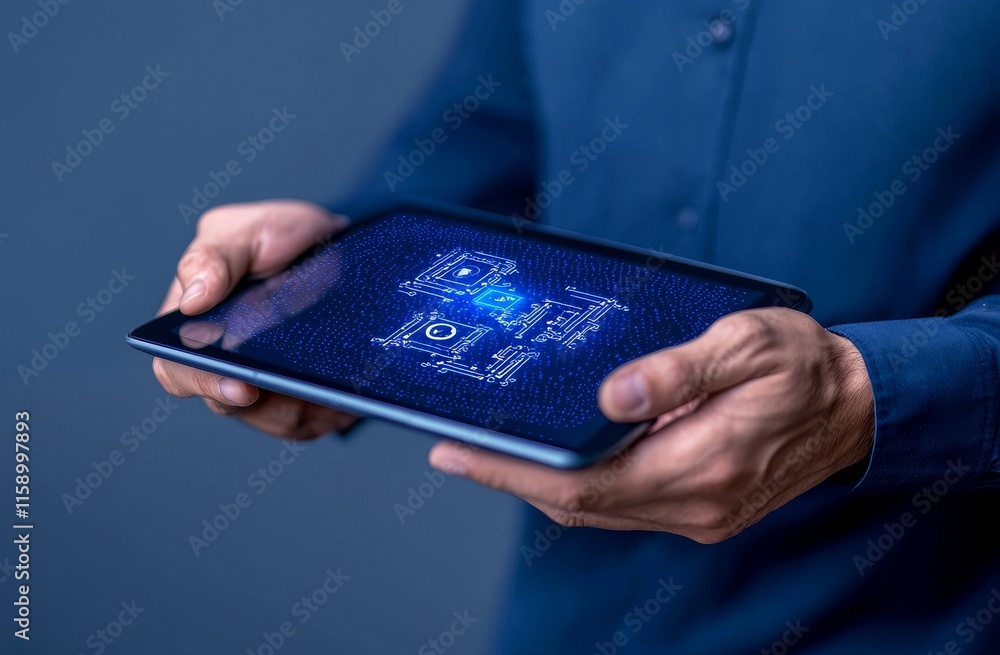 Poster a businessman interacts with a digital chat bot on a tablet to access information and data in an onl