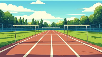 Colorful Illustration of a Hurdle Track with Bright Blue Sky and Lush Green Trees, Perfect for Sports-Themed Designs and Educational Materials