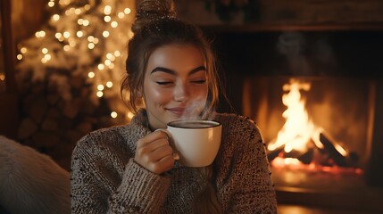 Happy woman in a cozy sweater, sipping coffee by a roaring fireplace with soft light flickering on her face, surrounded by winter decor.