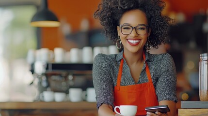 In a coffee shop, a joyful, multiethnic woman gives a payment terminal to a customer. This customer uses NFC technology on their smartphone to pay for a take-away latte and pastry from the barista