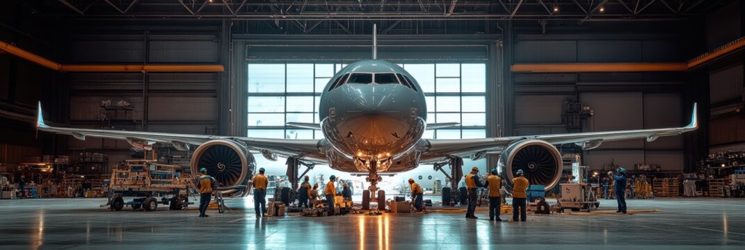 Engineers work on airplane repair inside a hangar during daylight hours