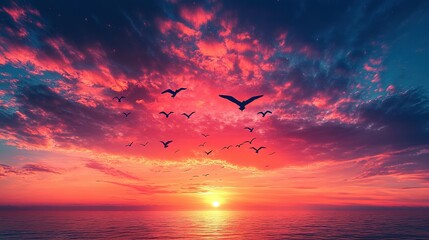 Obraz premium Birds Flying Over Ocean Sunset Vivid Sky