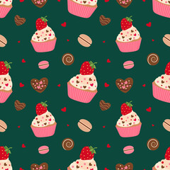 Seamless pattern of chocolates and cupcakes on a green background with hearts for Valentine's Day. Vector.