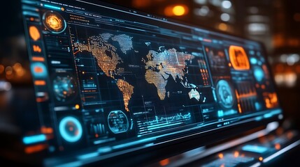 Futuristic world map displayed on a large monitor showing data analytics.