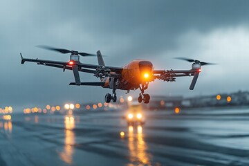 Drone captures view of plane taking off in overcast weather at the airport