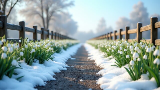 Snowdrop flowers, Rural road with snowdrops appearing through snow patches, clear sky, photorealistic.