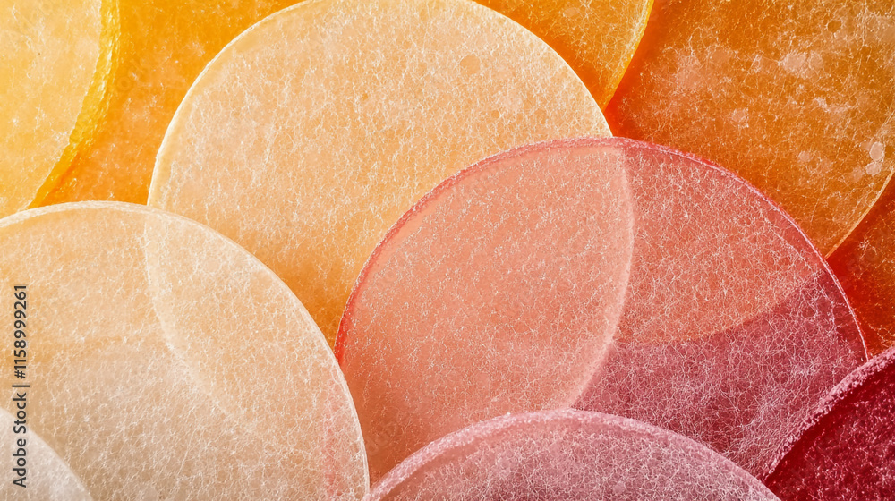 Poster colorful concentric circles of translucent candy arranged in a decorative pattern on a light backgro