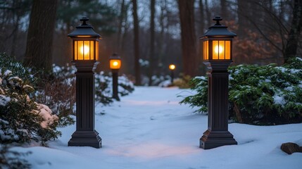 Snowy pathway illuminated by elegant lanterns