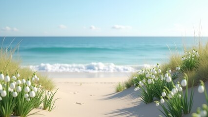 Snowdrop flowers, Snowdrops blooming on sandy dunes, clear coastal view, undisturbed waves, photorealistic.