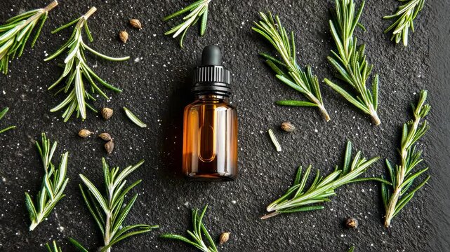rosemary essential oil and mortar. Selective focus