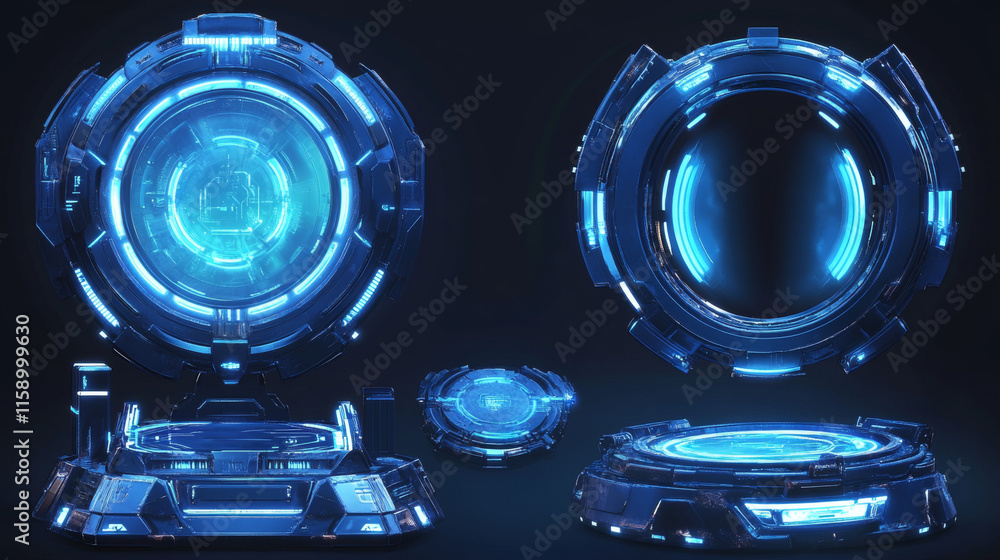 Poster futuristic hi tech portal with blue neon light glow effect for game ui design. realistic 3d vector i