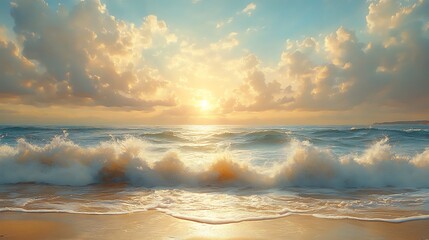 Golden Sunset Waves Crashing On Sandy Beach