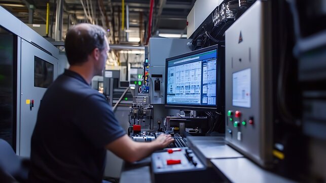 Operators overseeing CNC machine operations on a large manufacturing floor 