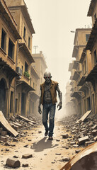 Zombie walking through a ruined street with desolation in a post-apocalyptic environment