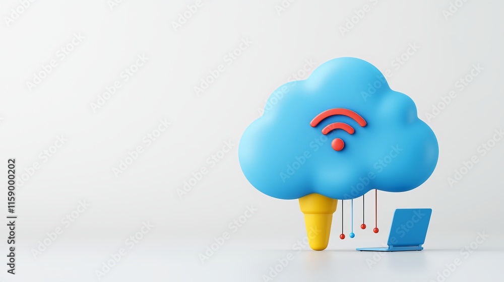Poster 3d illustration: the concept of stock-driven cloud computing, featuring a network of laptops with ch