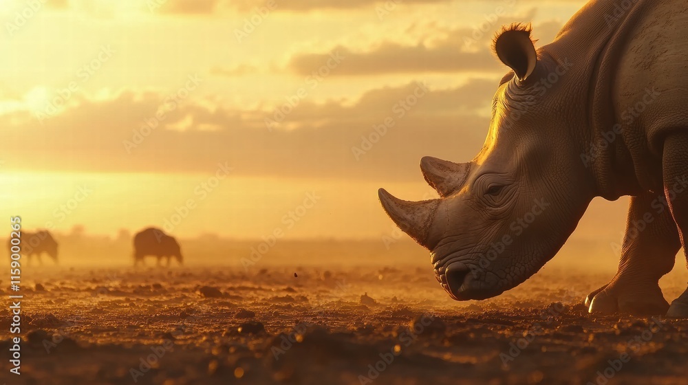 Poster close up of a rhino in the savanna at sunset with space for text. generative ai