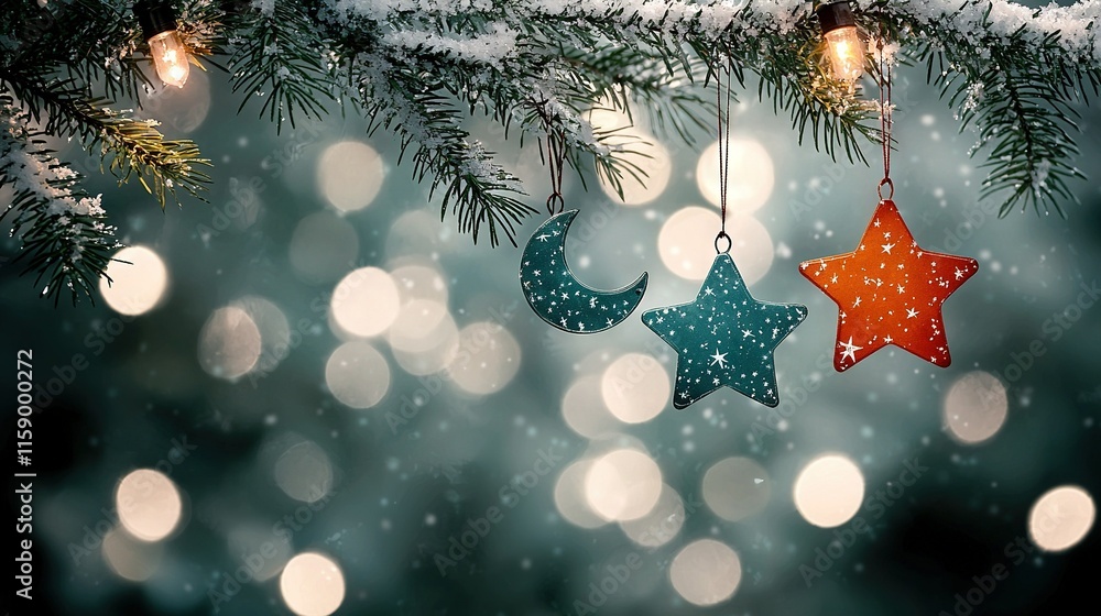 Poster   A focused image of a Christmas ornament dangling from a tree with an out-of-focus backdrop of twinkling lights and falling snow