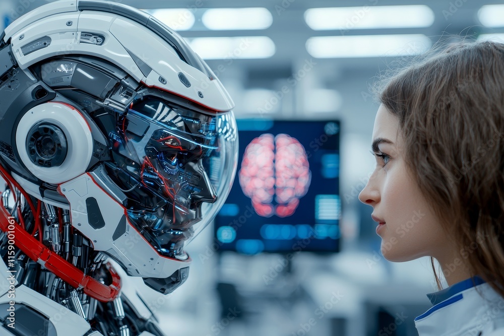 Poster a man is standing and conversing with a digital chatbot robot, which serves as a conversational assi