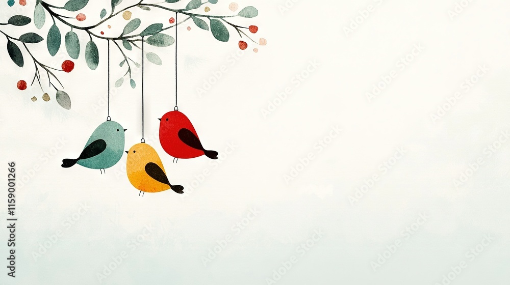 Poster two birds on a tree with foggy sky background and berries hanging from its branches