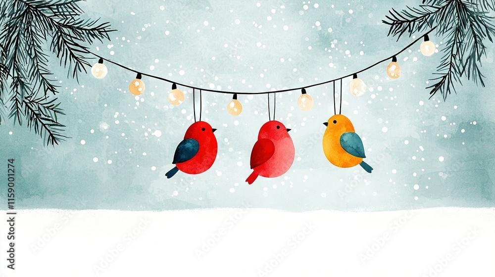 Poster a trio of birds dangling from a string of lights on a christmas tree branch, with snowflakes swirlin