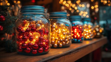 Festive jars with glowing decorations and lights