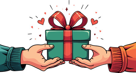 human hands giving or exchange gift box for Christmas, Valentine, anniversary holiday packages illustration