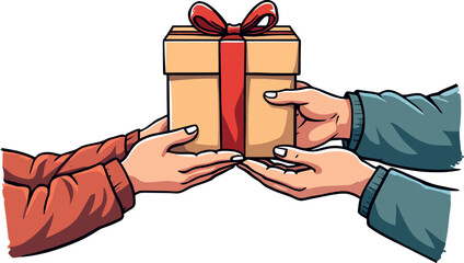 human hands giving or exchanging gift box for Christmas, Valentine, anniversary holiday packages illustration