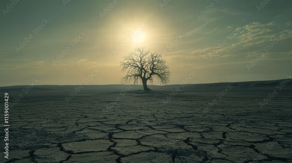 Poster desolate dry lakebed with a solitary tree under a scorching sun during the late afternoon. generativ