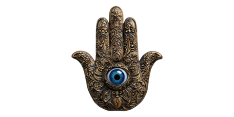 Ornate hamsa hand with blue eye design isolated on transparent background