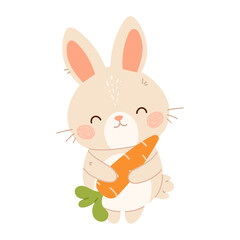 Cute little bunny with carrot. Rabbit flat vector isolated illustration