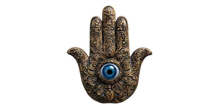 Ornate hamsa hand with blue eye design isolated on transparent background