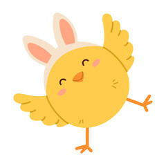 Happy little chick with Easter bunny ears. Flat isolated vector illustration
