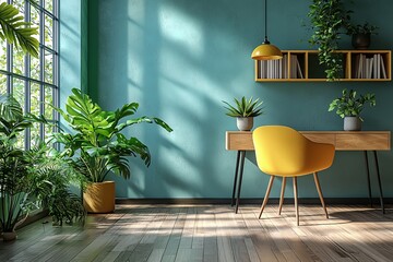 Interior of a modern office featuring furniture and plants. An office cubicle or home office, which is a charming workplace in bright colors for Labour Day or Learning at Work Week